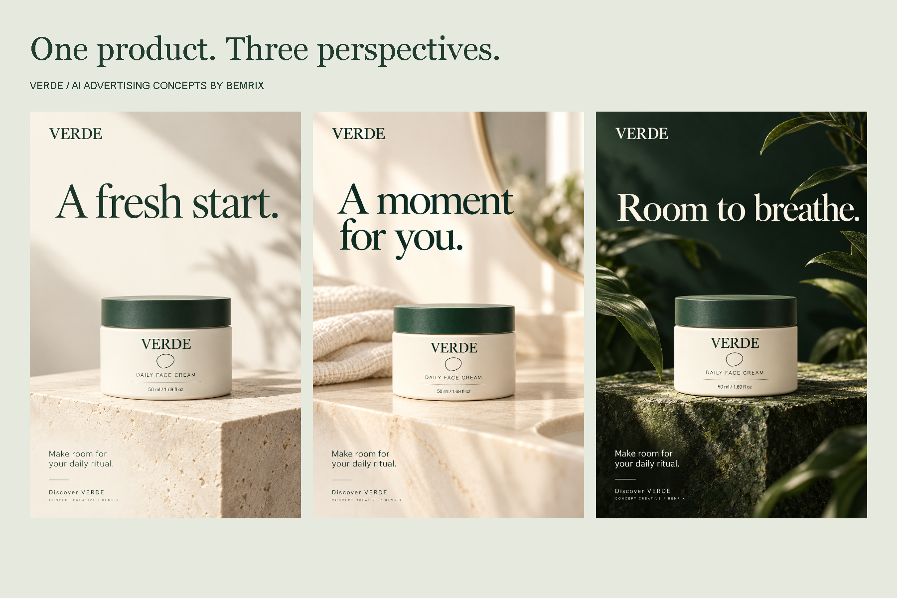 Three finished VERDE AI advertising concepts