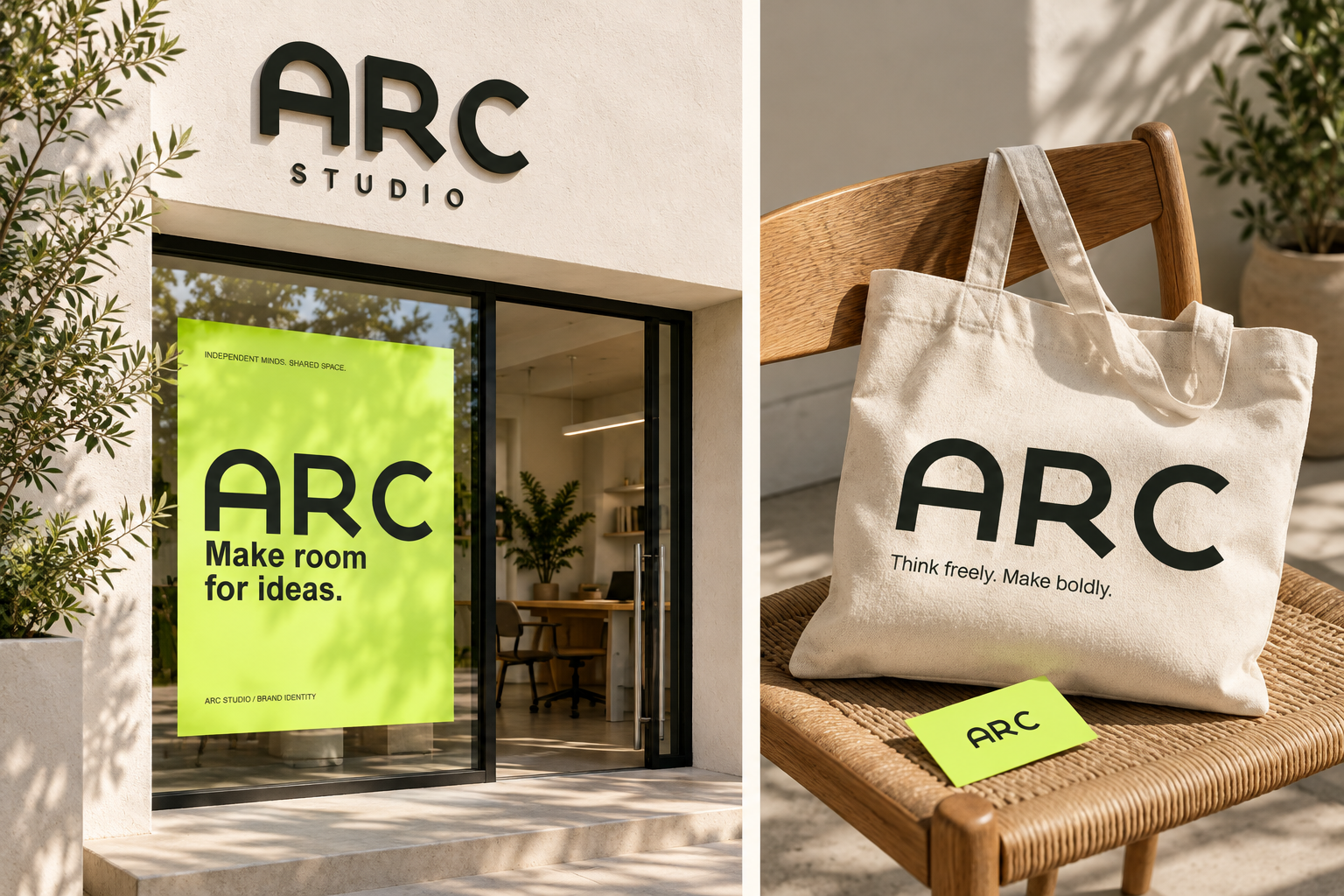 AI-generated ARC Studio entrance signage and canvas tote mockups