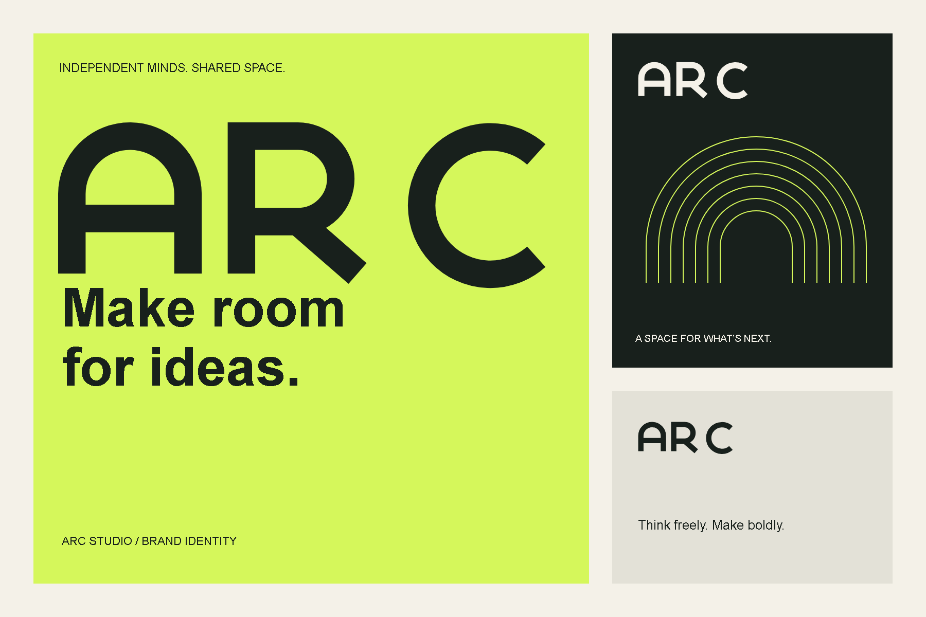 ARC Studio lime and ink brand identity, geometric wordmark and campaign graphics