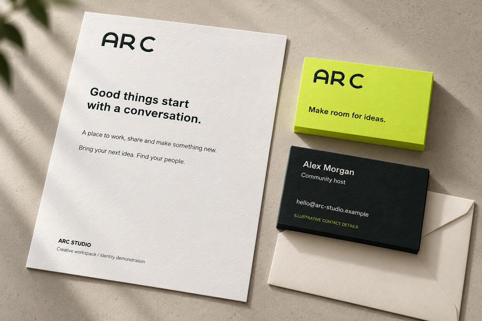 AI-generated ARC letterhead, lime business cards and envelope print mockup