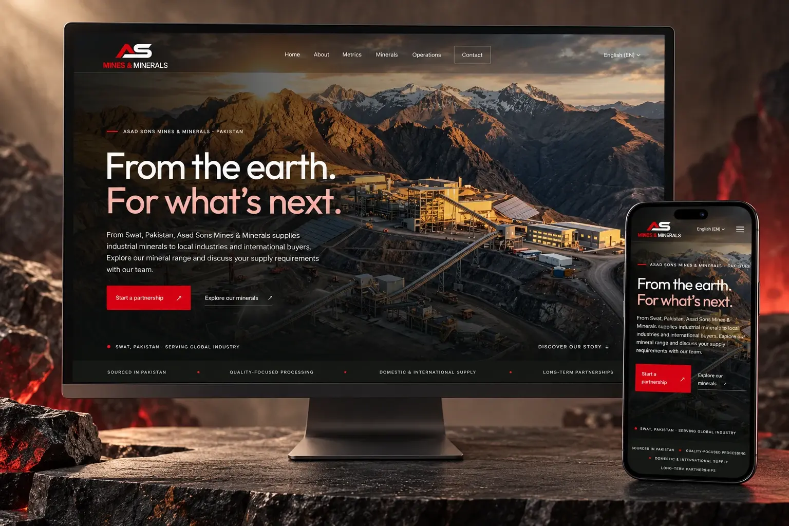 Asad Sons Mines & Minerals live website presented on a desktop display and phone