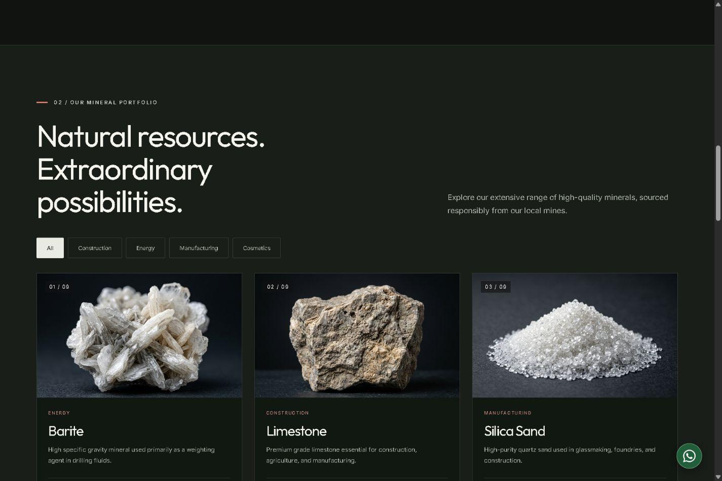 Live mineral catalog with industry filters and mineral cards