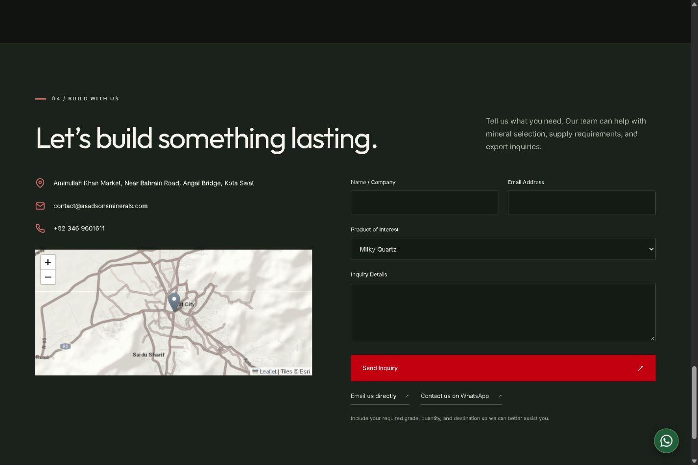 Live contact section with map and enquiry form preselecting Milky Quartz
