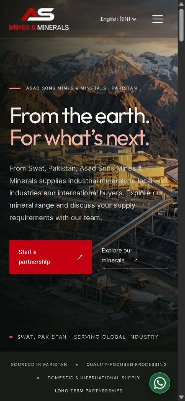 Live English homepage at mobile width with compact navigation and contact actions