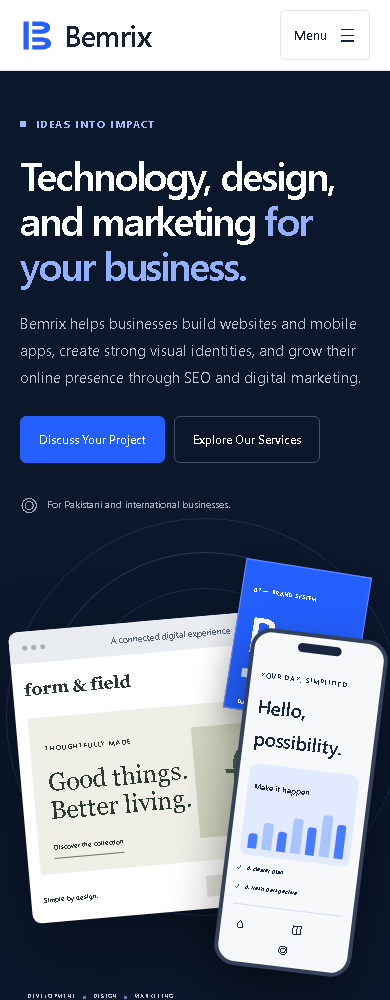 BEMRIX home page with corrected mobile illustration spacing