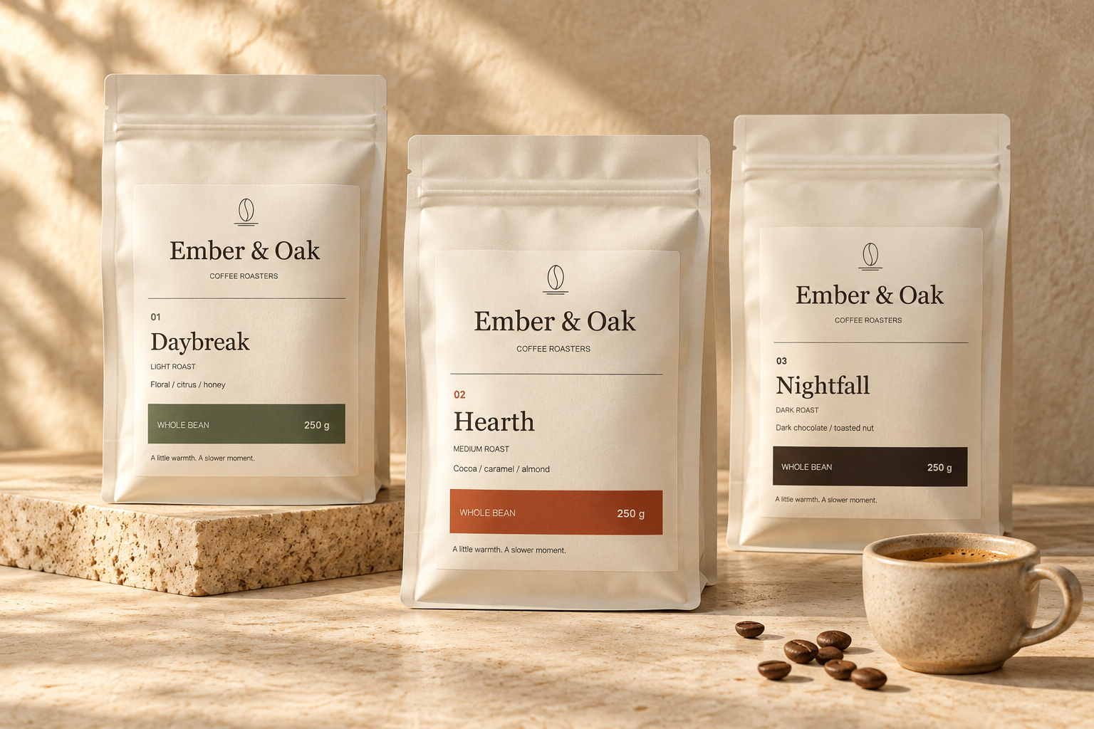 Ember and Oak coffee packaging identity shown in an AI-generated product mockup