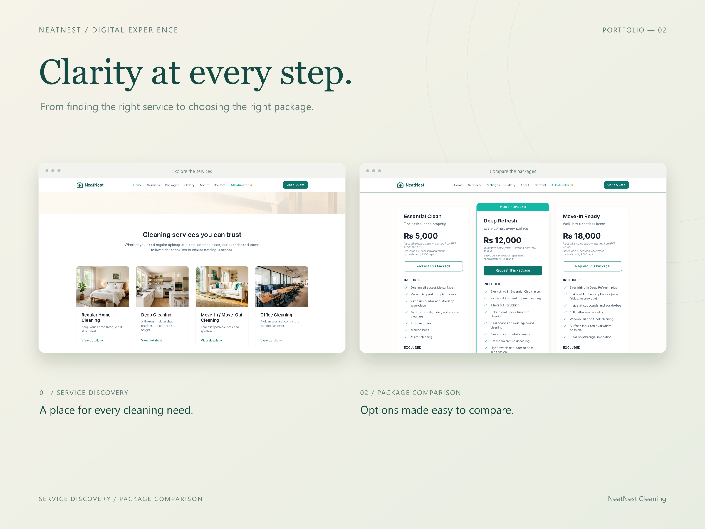 NeatNest service cards and three cleaning packages presented side by side in browser mockups