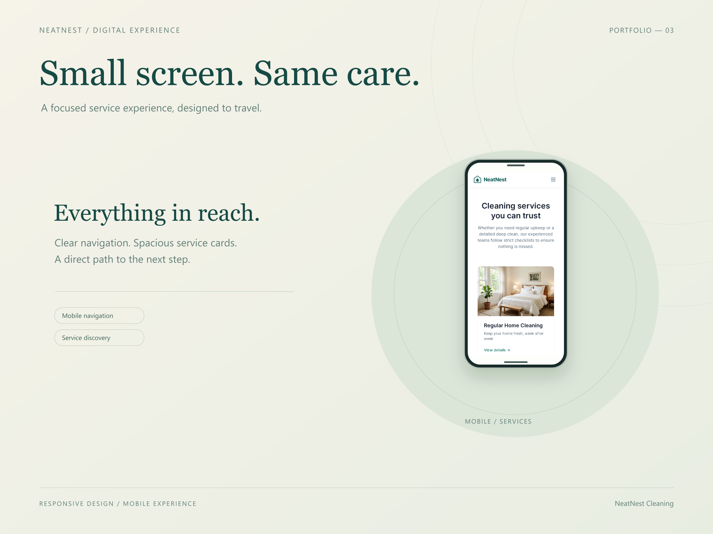 NeatNest mobile services page in a phone mockup with compact navigation and a home-cleaning service card