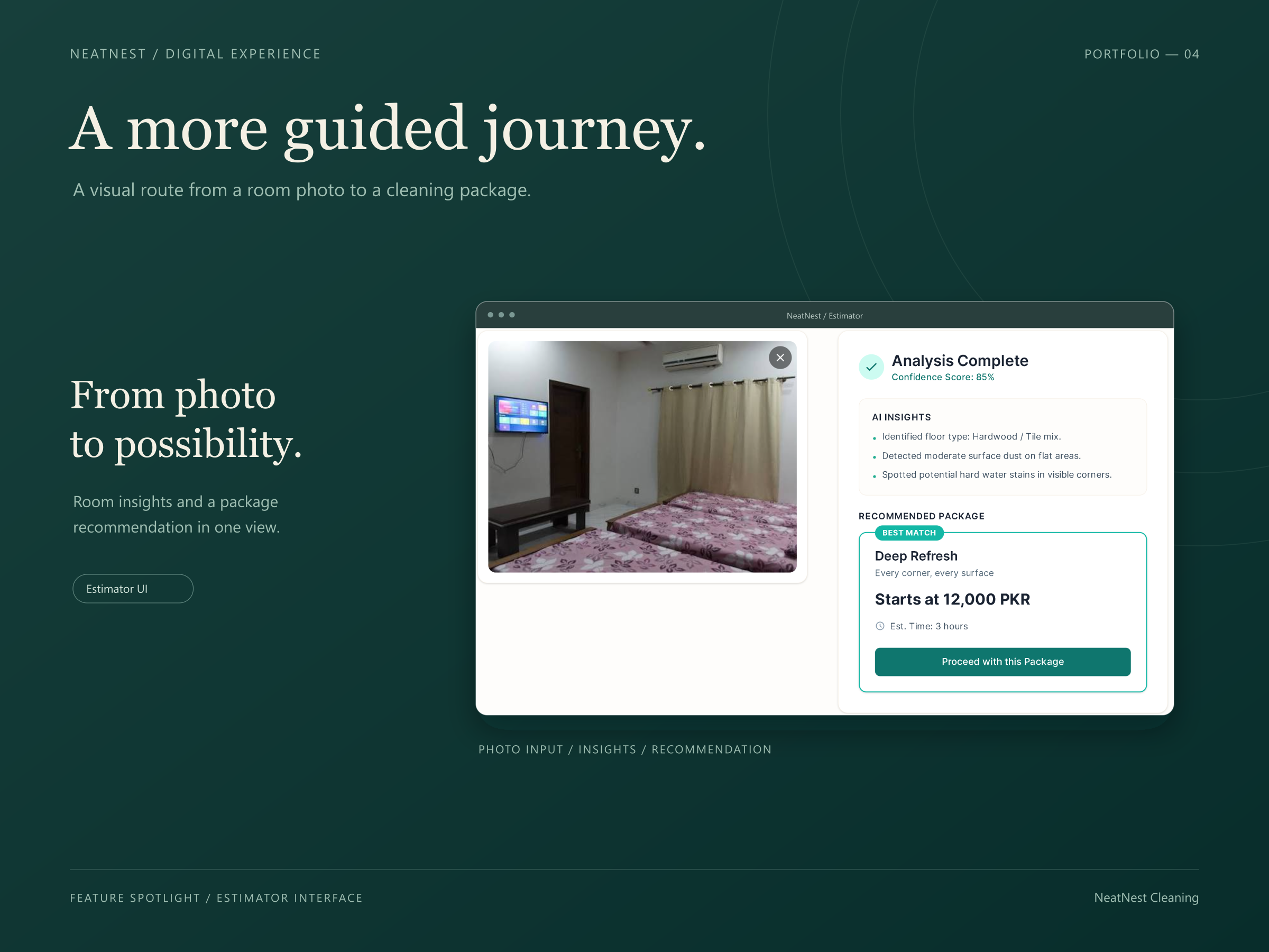 NeatNest estimator prototype showing an uploaded room photo beside simulated insights and a suggested package