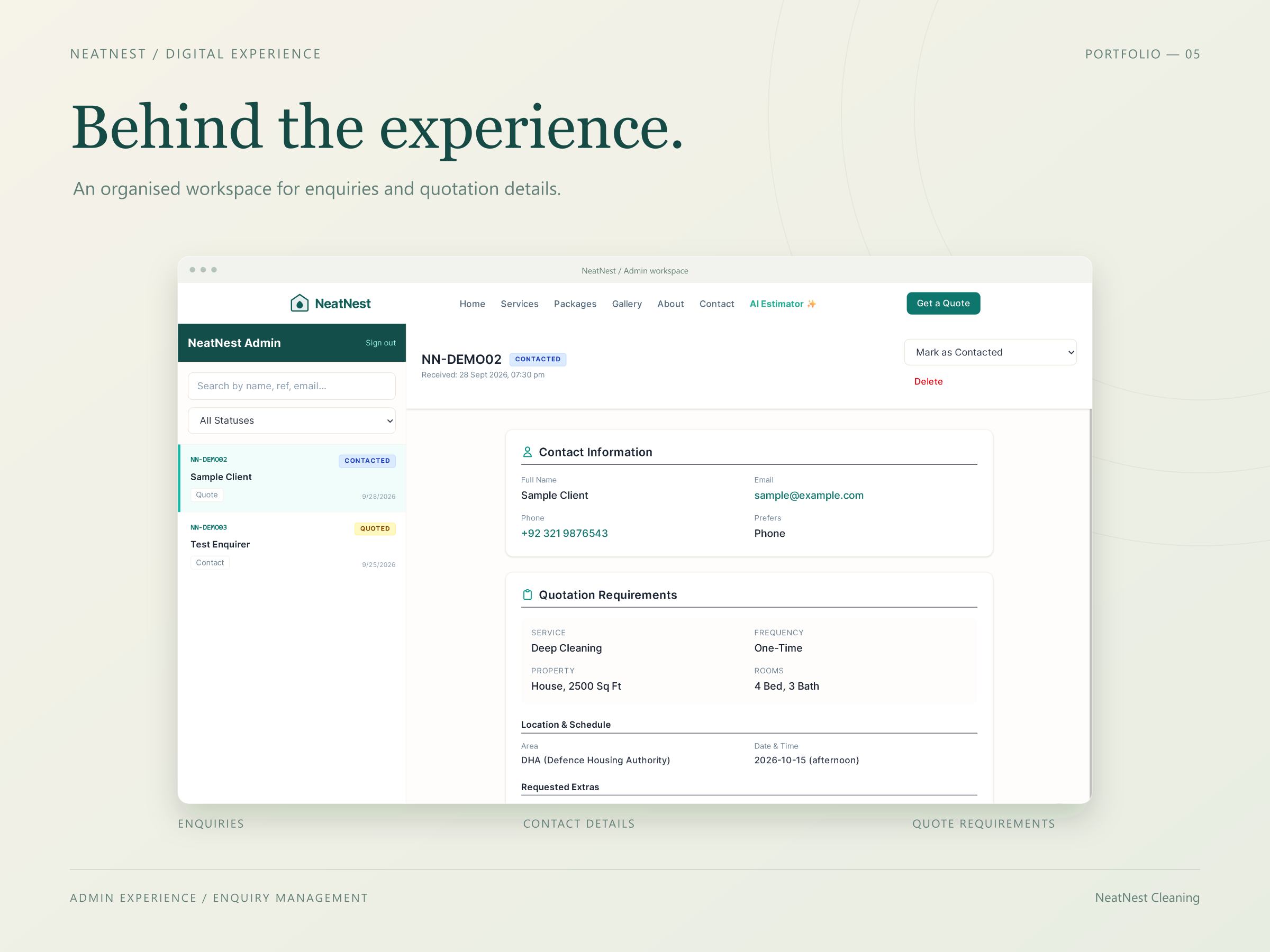 NeatNest admin dashboard with searchable sample enquiries, contact information and quotation requirements
