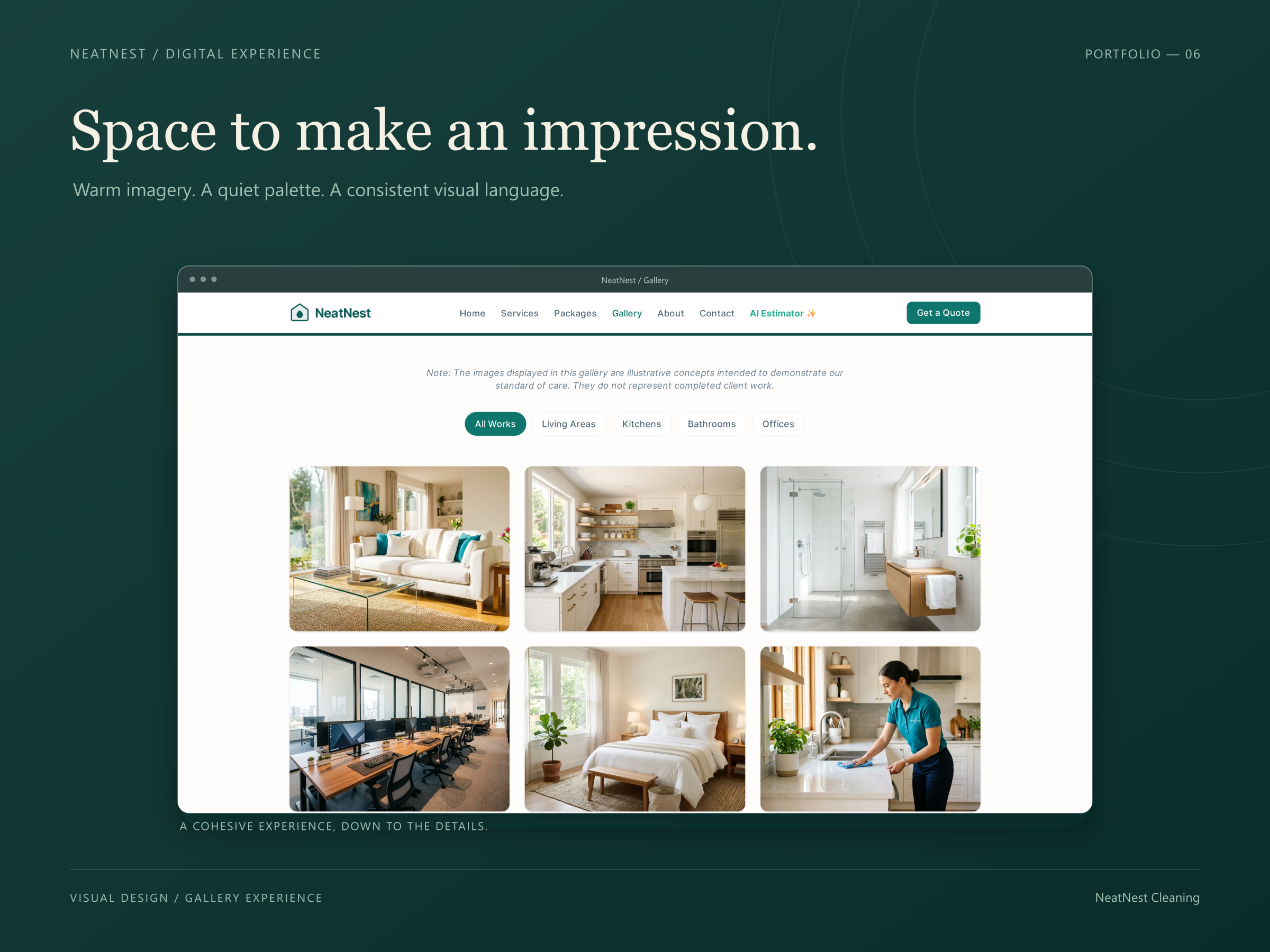 NeatNest gallery mockup with category filters and a grid of illustrative interiors and cleaning imagery