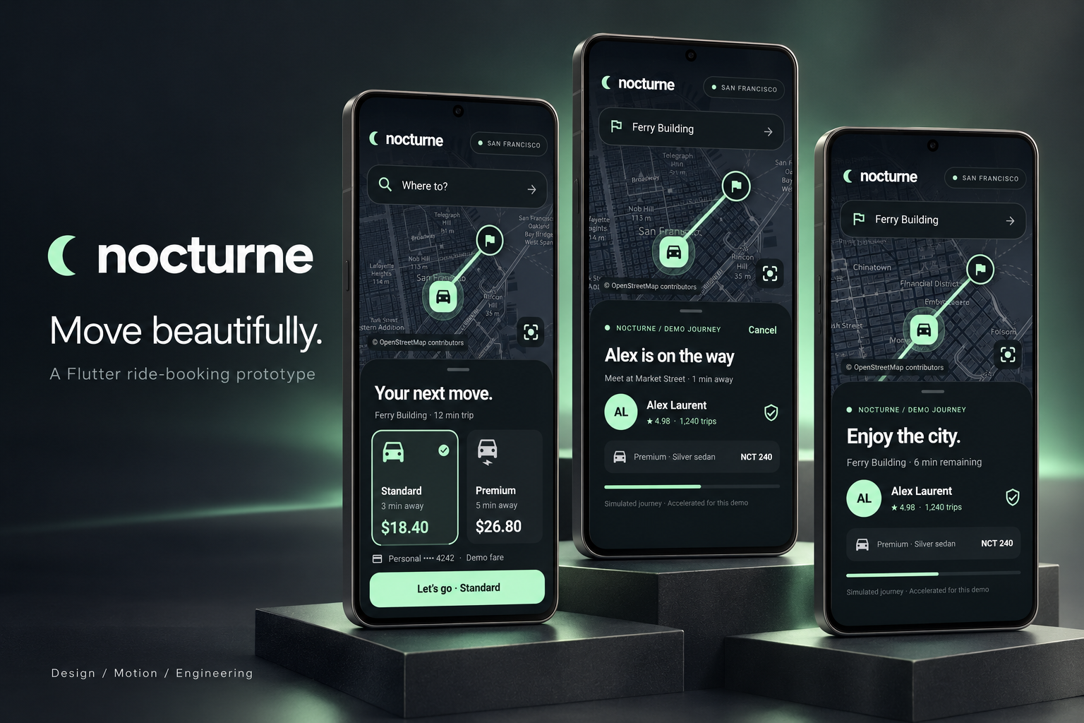 Nocturne Flutter ride-booking app presented on three phones