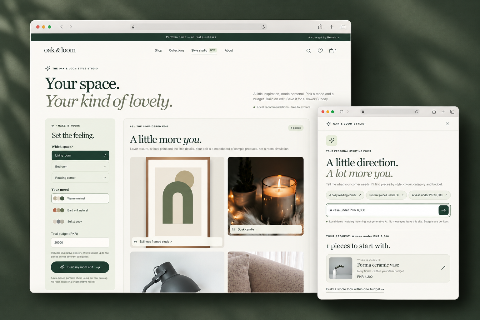 Oak & Loom Style Studio presented across desktop and mobile interfaces