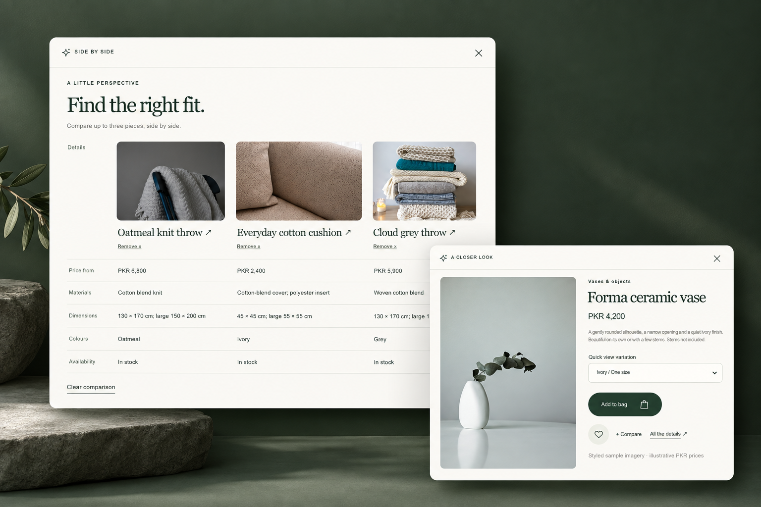 Three textile products compared side by side, with a ceramic vase quick-view panel