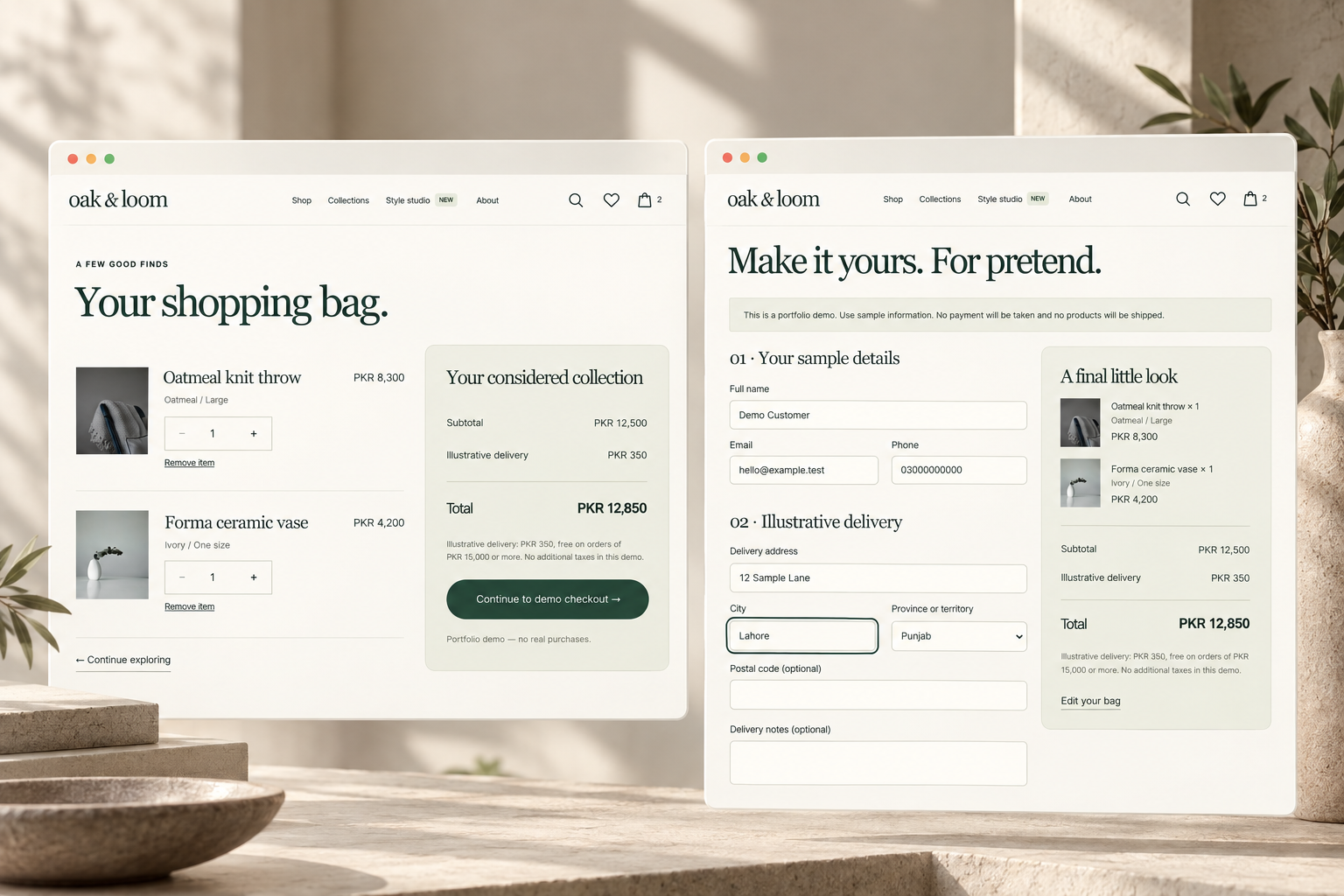 A two-item shopping bag alongside demo checkout with sample customer details and itemized totals