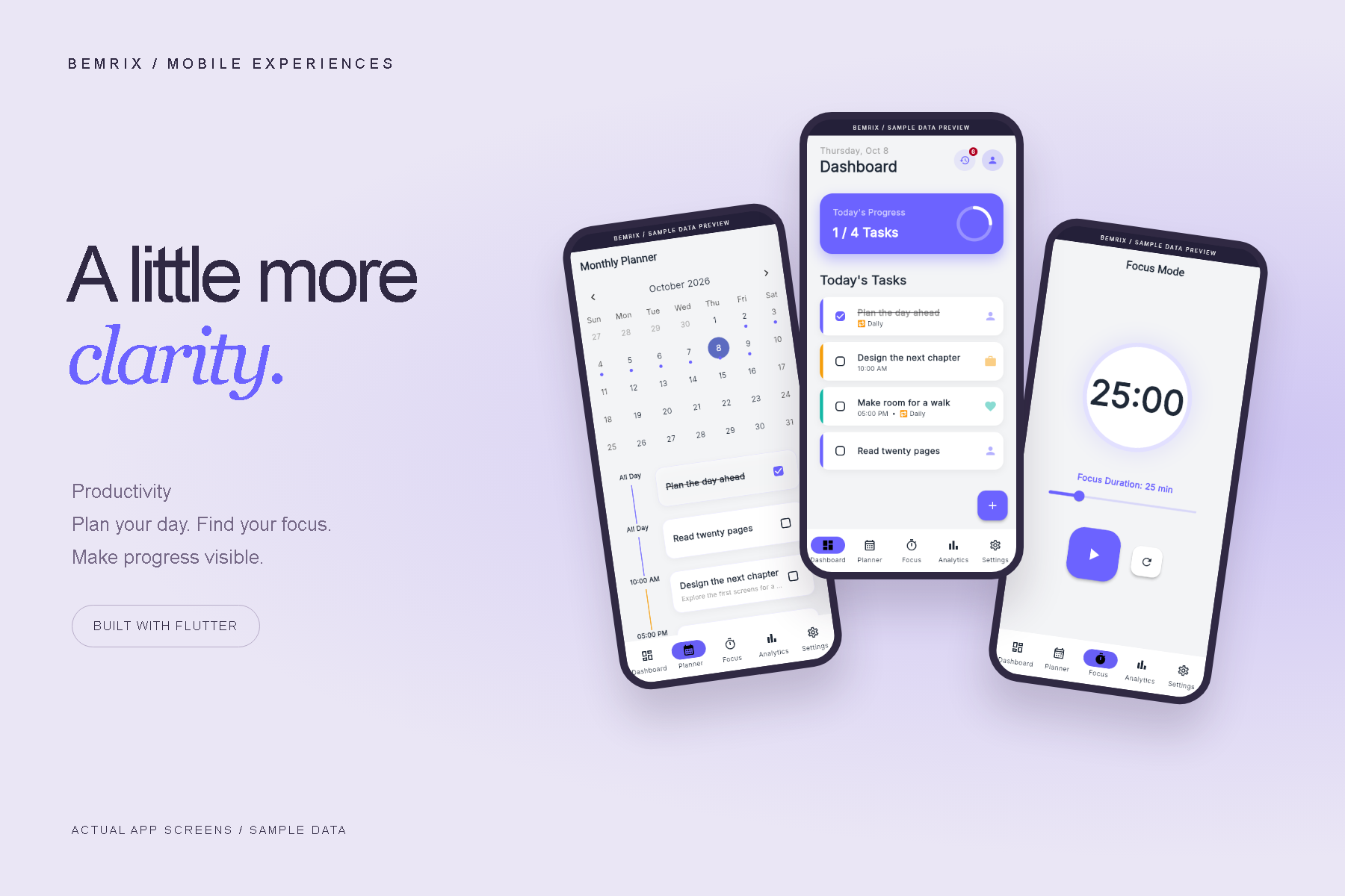Productivity Flutter app dashboard, focus timer and planner