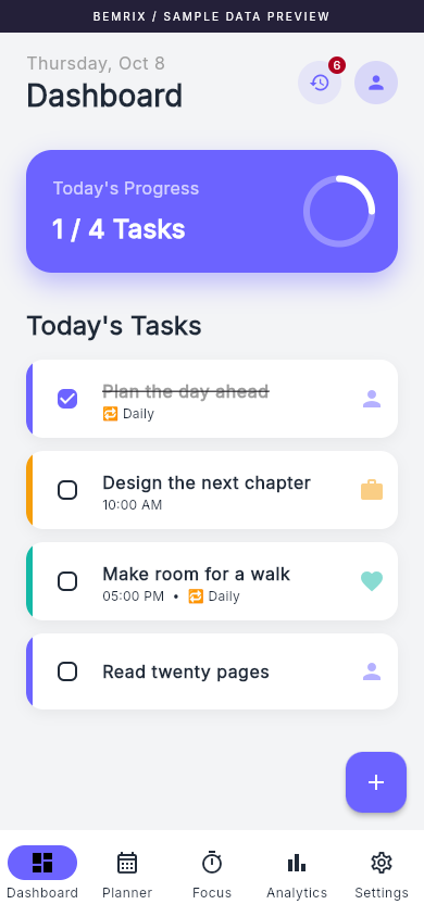 Productivity app dashboard screen with sample data