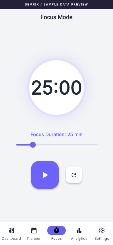 Productivity app focus screen with sample data