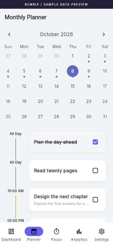 Productivity app planner screen with sample data