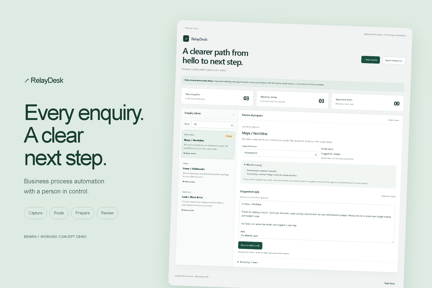 RelayDesk enquiry routing and reply approval workspace