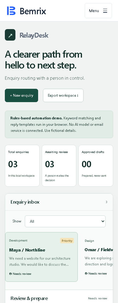 RelayDesk mobile inbox with sample enquiries and review controls