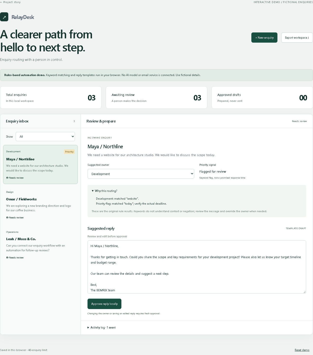 Working RelayDesk inbox showing a website enquiry, routing explanation and editable reply