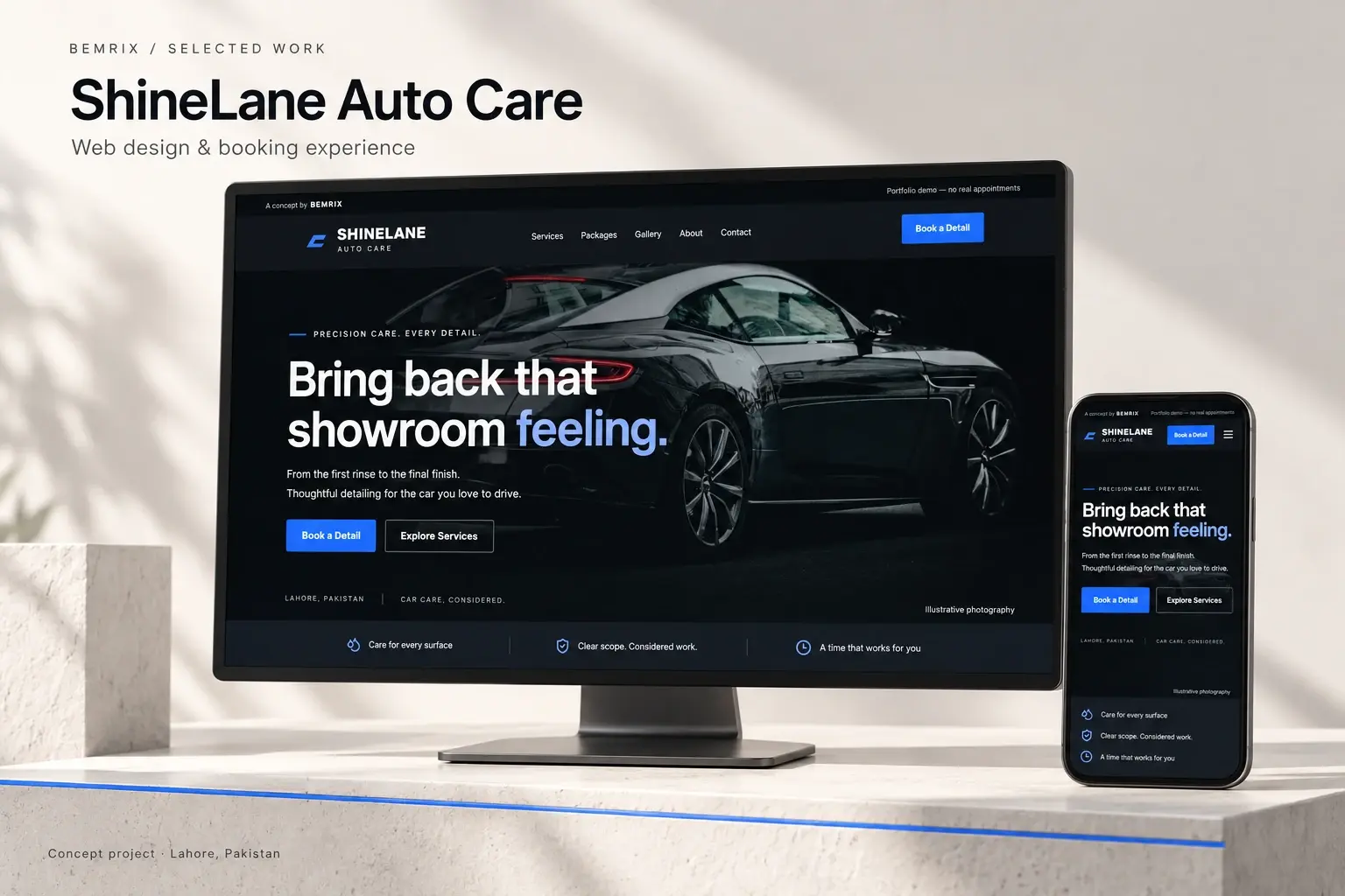 ShineLane Auto Care website presented on a desktop monitor and phone