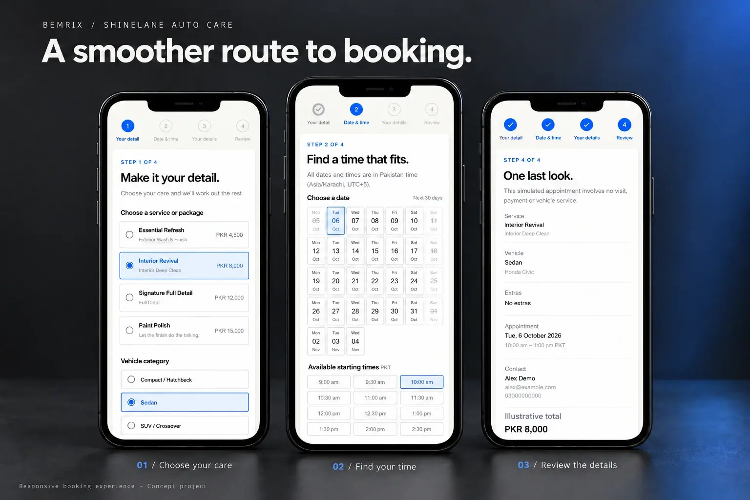 Three phones showing service and vehicle selection, available appointment times and a fictional booking review