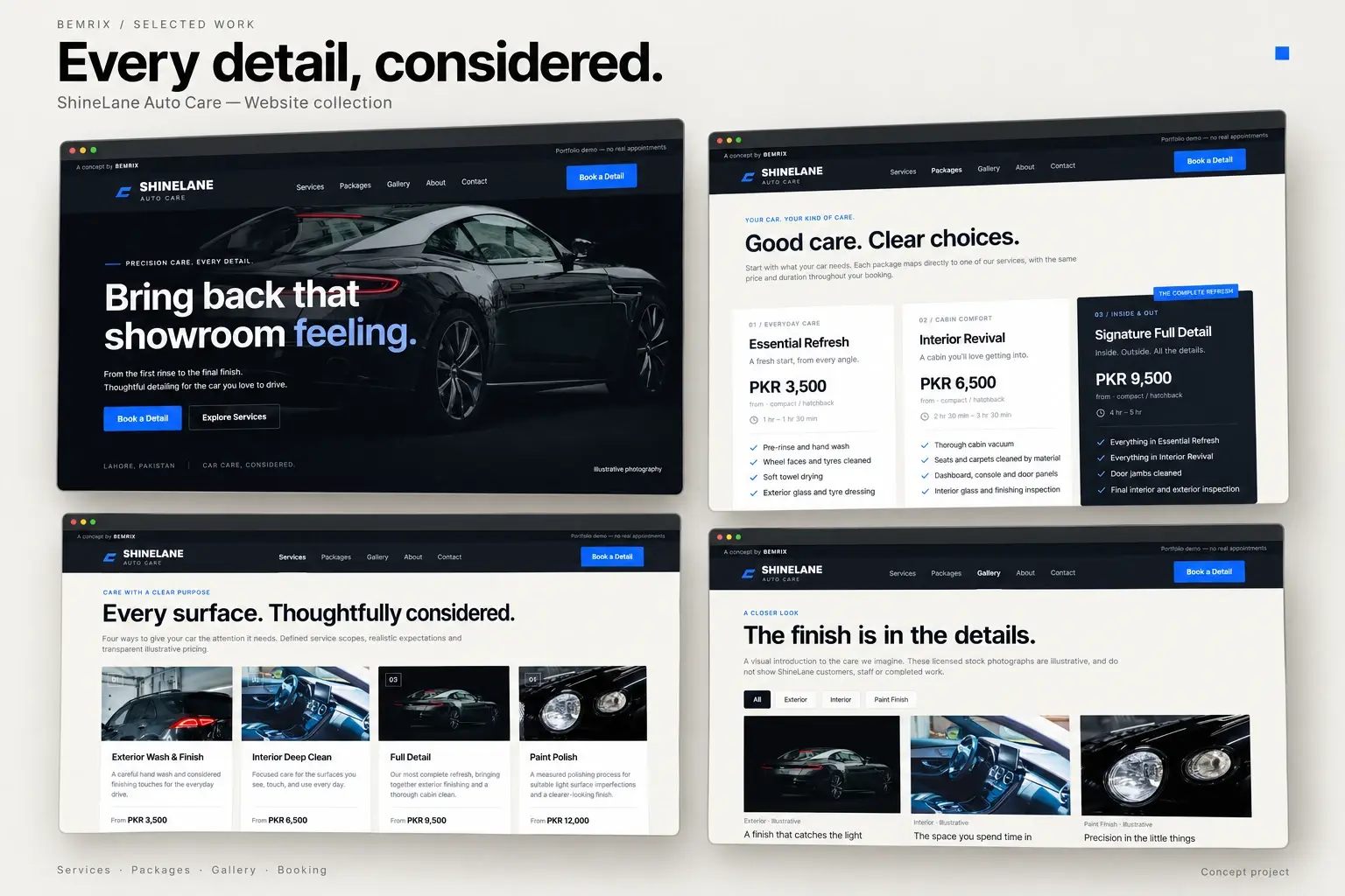 ShineLane homepage, package comparison, services and illustrative gallery presented as four website panels