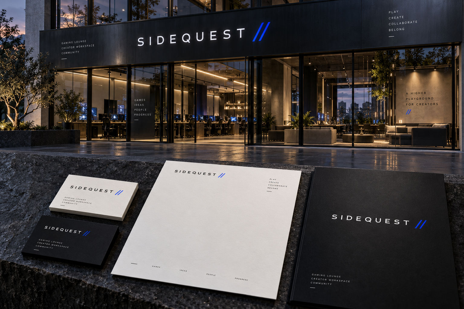 SIDEQUEST architectural and stationery concept presentation