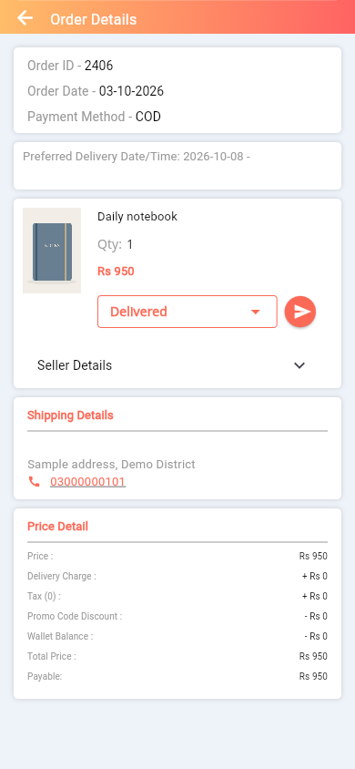 SmartShop delivery order details with illustrative demo records