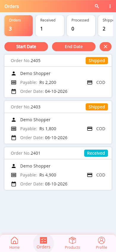 SmartShop seller orders with illustrative demo records