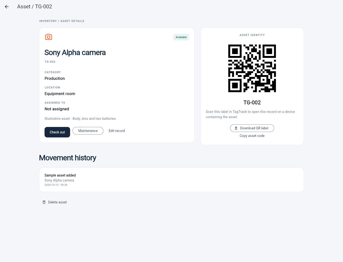 Asset details and QR identity