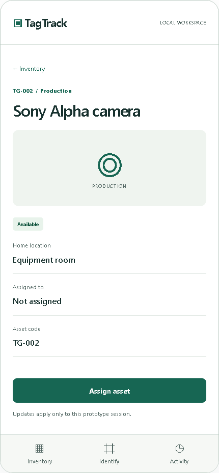 Proposed TagTrack detail screen with availability, home location, assignee and a single assign action
