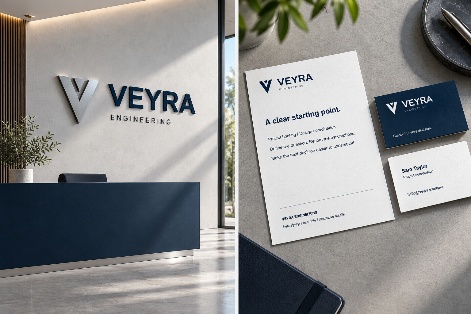 Veyra corporate identity in AI-generated office and stationery mockups
